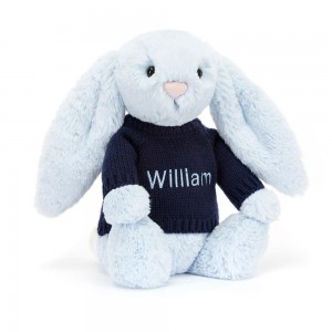 Jerséis Jellycat Bashful Bunny with Personalised Navy Jumper 31cm x 12cm x 9cm Azules Ecuador | PMFCZ2865