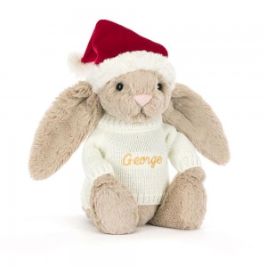 Jerséis Jellycat Bashful Christmas Bunny with Personalised Cream Jumper 31cm x 12cm x 9cm Beige Ecuador | JZNOU2713