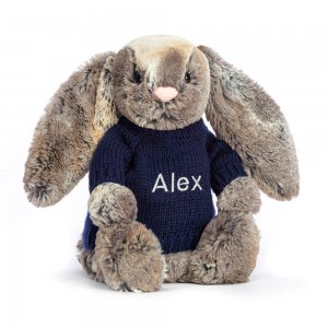 Jerséis Jellycat Bashful Cottontail Bunny with Personalised Navy Jumper 31cm x 12cm x 9cm Marrones Ecuador | KOISP5189