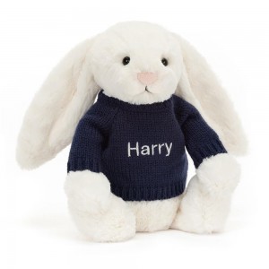 Jerséis Jellycat Bashful Cream Bunny with Personalised Navy Jumper 31cm x 12cm x 9cm Blancas Ecuador | CPMEJ7168