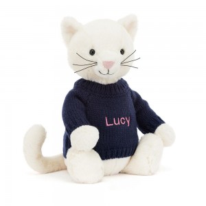 Jerséis Jellycat Bashful Cream Kitten with Personalised Navy Jumper 31cm x 12cm x 9cm Blancas Ecuador | YXBSA7418
