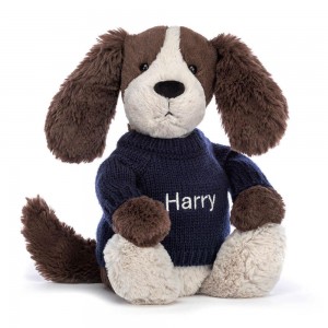 Jerséis Jellycat Bashful Fudge Puppy with Personalised Navy Jumper 31cm x 12cm x 9cm Marrones Ecuador | ZMOJW9615