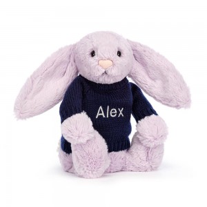 Jerséis Jellycat Bashful Lilac Bunny with Personalised Navy Jumper 31cm x 12cm x 9cm Moradas Ecuador | PKYND9025