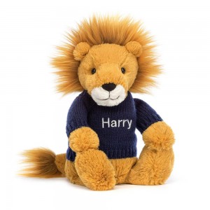 Jerséis Jellycat Bashful Lion with Personalised Navy Jumper 31cm x 12cm x 9cm Amarillo Ecuador | DYGHU9078