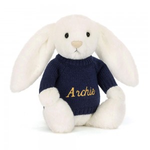 Jerséis Jellycat Bashful Luxe Bunny Luna with Personalised Navy Jumper 31cm x 12cm x 9cm Blancas Ecuador | LCJDA7583
