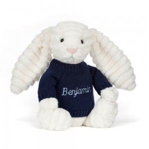Jerséis Jellycat Bashful Luxe Bunny Nimbus with Personalised Navy Jumper 31cm x 12cm x 9cm Blancas Ecuador | DRCSL0248