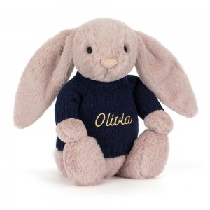 Jerséis Jellycat Bashful Luxe Bunny Rosa with Personalised Navy Jumper 31cm x 12cm x 9cm Rosas Ecuador | JXWSI0348