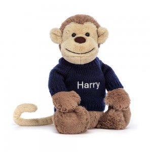 Jerséis Jellycat Bashful Monkey with Personalised Navy Jumper 31cm x 12cm x 9cm Marrones Ecuador | PBZHQ2847