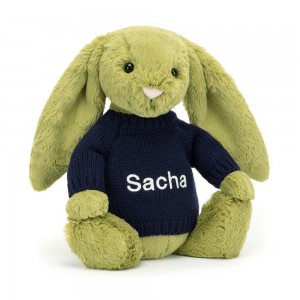 Jerséis Jellycat Bashful Moss Bunny with Personalised Navy Jumper 31cm x 12cm x 9cm Verde Ecuador | MWFQJ6280