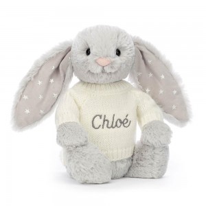 Jerséis Jellycat Bashful Shimmer Bunny with Personalised Cream Jumper 31cm x 12cm x 9cm Gris Ecuador | NVKQX7260