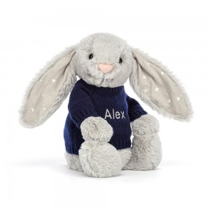 Jerséis Jellycat Bashful Shimmer Bunny with Personalised Navy Jumper 31cm x 12cm x 9cm Gris Ecuador | PGSFA2539