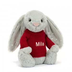 Jerséis Jellycat Bashful Shimmer Bunny with Personalised Jumper 31cm x 12cm x 9cm Gris Ecuador | WTUCD3568