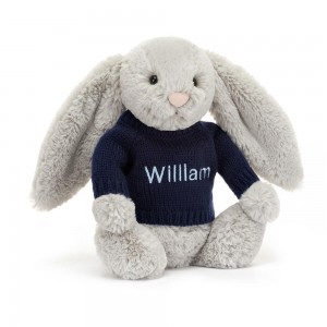 Jerséis Jellycat Bashful Silver Bunny with Personalised Navy Jumper 31cm x 12cm x 9cm Gris Ecuador | YHIAQ0386