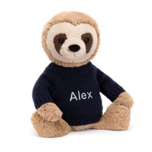 Jerséis Jellycat Bashful Sloth with Personalised Navy Jumper 28cm x 10cm x 7cm Beige Ecuador | XHSFU9850