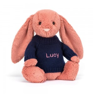 Jerséis Jellycat Bashful Sorrel Bunny with Personalised Navy Jumper 31cm x 12cm x 9cm Naranjas Ecuador | VHMTE9401