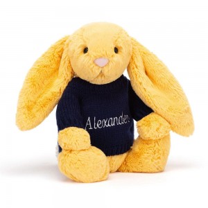 Jerséis Jellycat Bashful Sunshine Bunny with Personalised Navy Jumper 31cm x 12cm x 9cm Amarillo Ecuador | LIPYV1463