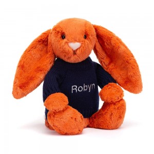 Jerséis Jellycat Bashful Tangerine Bunny with Personalised Navy Jumper 31cm x 12cm x 9cm Naranjas Ecuador | VBRHY2703