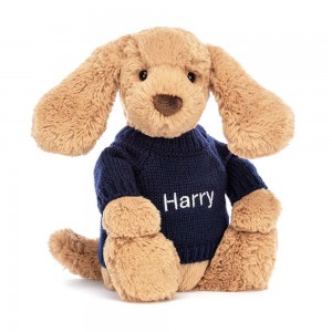 Jerséis Jellycat Bashful Toffee Puppy with Personalised Navy Jumper 31cm x 12cm x 9cm Marrones Ecuador | GQMFL3768