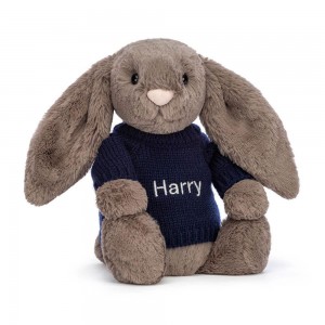 Jerséis Jellycat Bashful Truffle Bunny with Personalised Navy Jumper 31cm x 12cm x 9cm Marrones Ecuador | TUGIQ9530