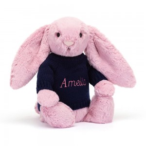Jerséis Jellycat Bashful Tulip Bunny with Personalised Navy Jumper 31cm x 12cm x 9cm Rosas Ecuador | ONAZX0421