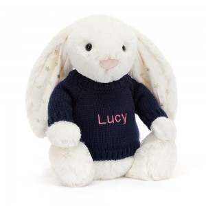 Jerséis Jellycat Bashful Twinkle Bunny with Personalised Navy Jumper 31cm x 12cm x 9cm Blancas Ecuador | SQGDO5812