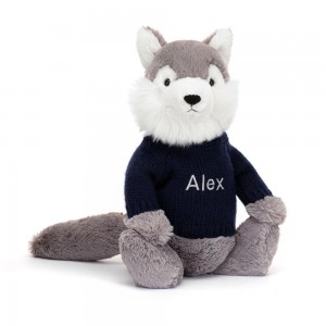 Jerséis Jellycat Bashful Wolf with Personalised Navy Jumper 31cm x 12cm x 9cm Gris Ecuador | WTPMG3267