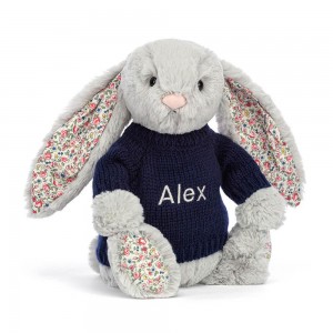 Jerséis Jellycat Blossom Silver Bunny with Personalised Navy Jumper 31cm x 12cm x 9cm Gris Ecuador | FEXRU9254