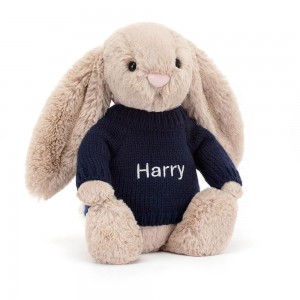Juguetes Del Bebé Jellycat Bashful Bunny with Personalised Navy Jumper 31cm x 12cm x 9cm Beige Ecuador | LMBZV7241