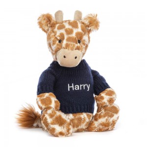 Juguetes Del Bebé Jellycat Bashful Giraffe with Personalised Navy Jumper 31cm x 12cm x 9cm Naranjas Ecuador | NJBPE3516