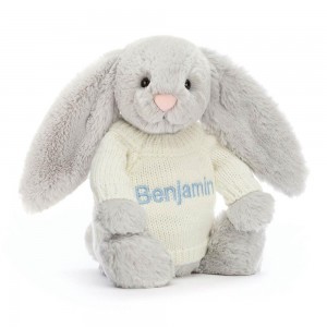 Juguetes Del Bebé Jellycat Bashful Silver Bunny with Personalised Cream Jumper 31cm x 12cm x 9cm Gris Ecuador | VJCSL2675
