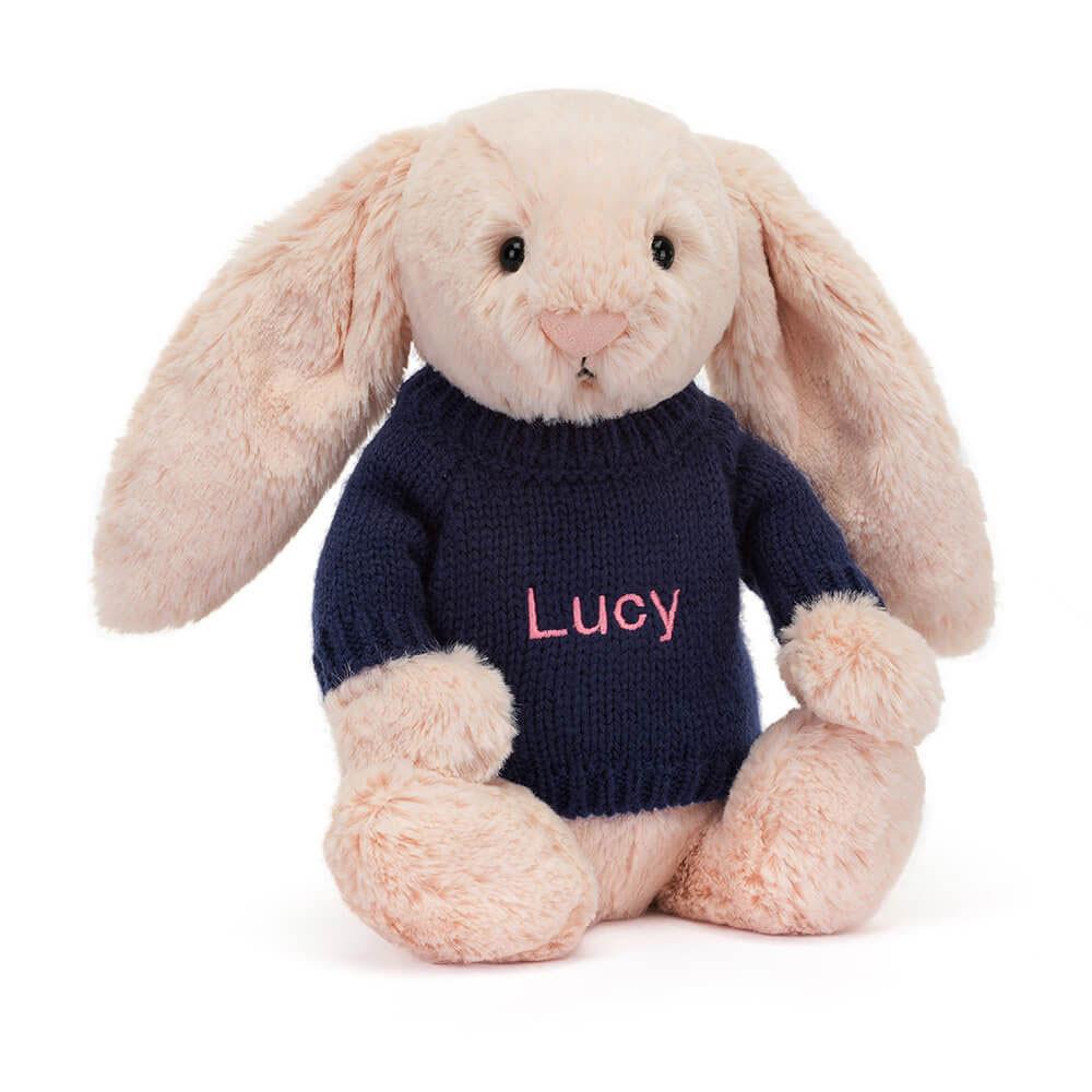 Jerséis Jellycat Bashful Blush Bunny with Personalised Navy Jumper 31cm x 12cm x 9cm Rosas  Ecuador |  UGZVO4960