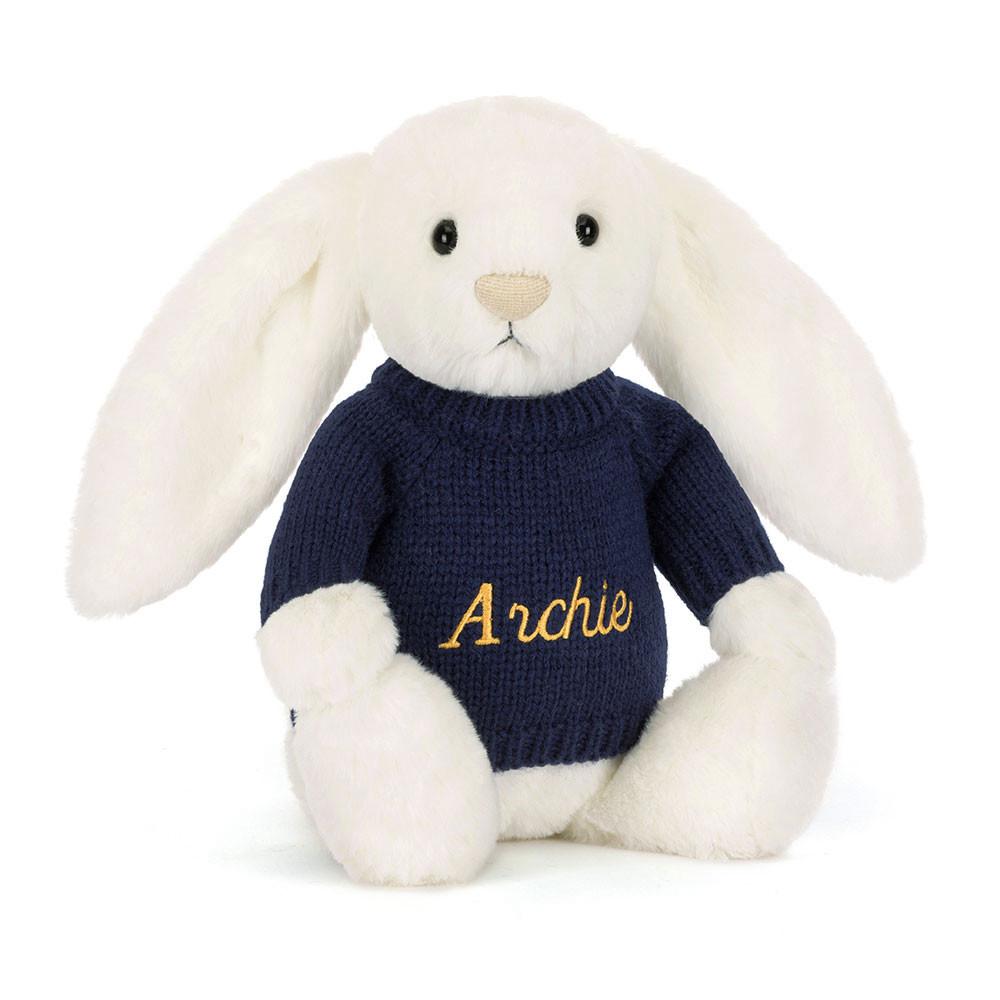 Jerséis Jellycat Bashful Luxe Bunny Luna with Personalised Navy Jumper 31cm x 12cm x 9cm Blancas  Ecuador |  LCJDA7583