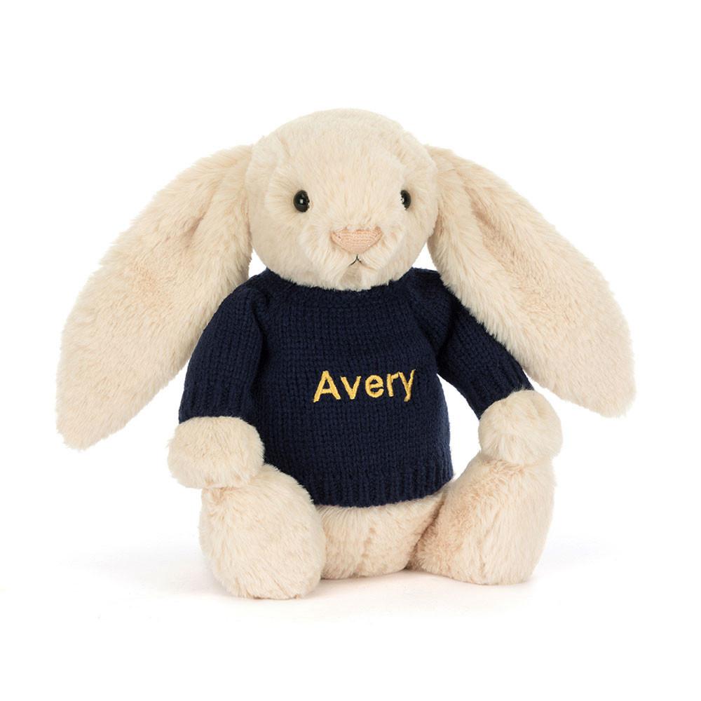 Jerséis Jellycat Bashful Luxe Bunny Willow with Personalised Navy Jumper 31cm x 12cm x 9cm Beige  Ecuador |  TIQNH9762