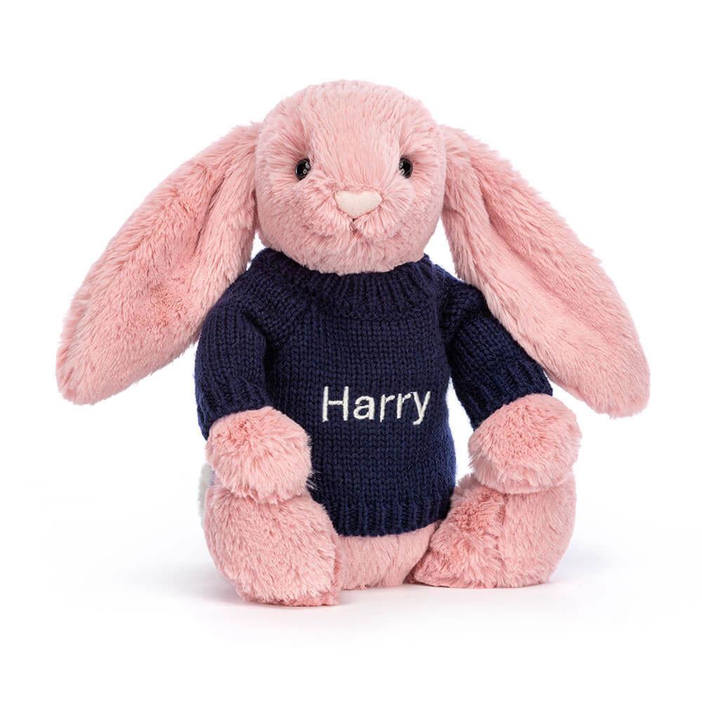 Jerséis Jellycat Bashful Petal Bunny with Personalised Navy Jumper 31cm x 12cm x 9cm Rosas  Ecuador |  DRGLH9563