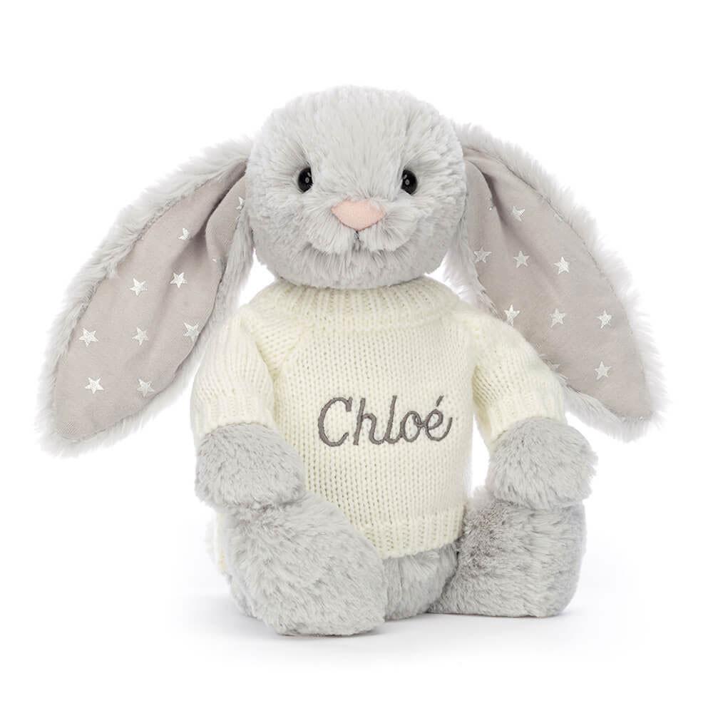 Jerséis Jellycat Bashful Shimmer Bunny with Personalised Cream Jumper 31cm x 12cm x 9cm Gris  Ecuador |  NVKQX7260