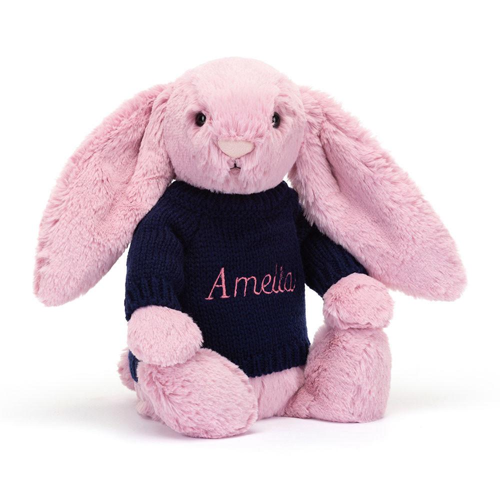 Jerséis Jellycat Bashful Tulip Bunny with Personalised Navy Jumper 31cm x 12cm x 9cm Rosas  Ecuador |  ONAZX0421