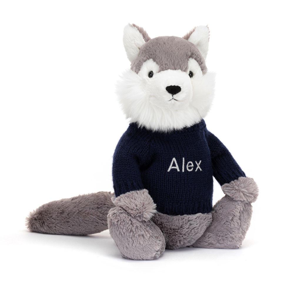 Jerséis Jellycat Bashful Wolf with Personalised Navy Jumper 31cm x 12cm x 9cm Gris  Ecuador |  WTPMG3267